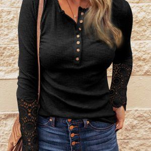 Black Crochet Lace Hem Sleeve Button Top